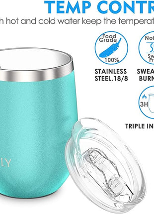 THILY Stainless Steel Stemless Wine Glass T1 Triple Vacuum Insulated Travel Wine Tumbler Cup with Lid and Reusable Straw, 12 oz, Keep Drinks Cold or Hot, Teal