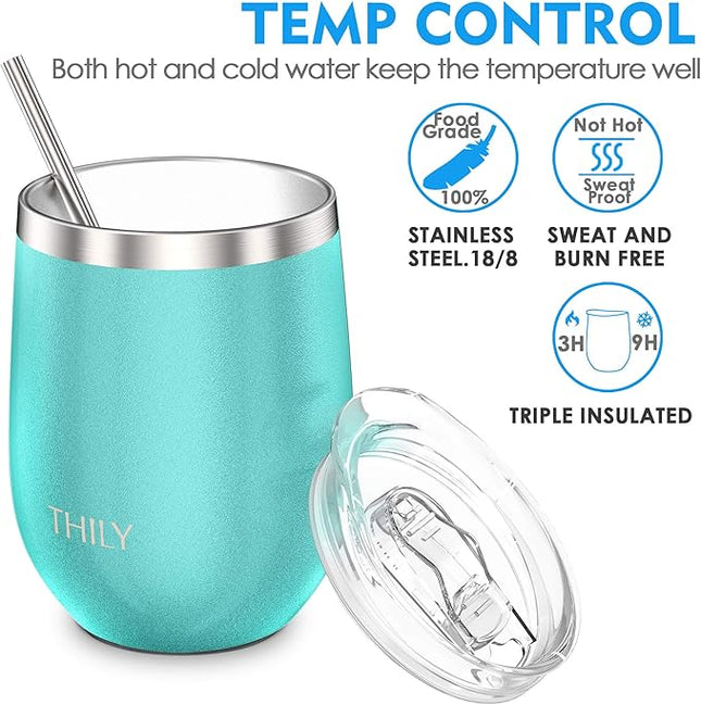 THILY Stainless Steel Stemless Wine Glass T1 Triple Vacuum Insulated Travel Wine Tumbler Cup with Lid and Reusable Straw, 12 oz, Keep Drinks Cold or Hot, Teal