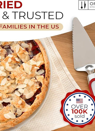 Orblue Pie Server, Essential Kitchen Tool, Serrated on Both Sides, Great for Right or Left Handed Chef, Stainless Steel Flatware, Cake Cutter, Red