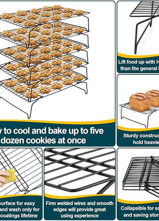 P&P CHEF Cooling Rack, 5-Tier Stainless Steel Stackable Baking Cooking Racks for Cooling Roasting Grilling, Collapsible & Heavy Duty, Oven Safe & Easy Clean, 15" x 10", Black