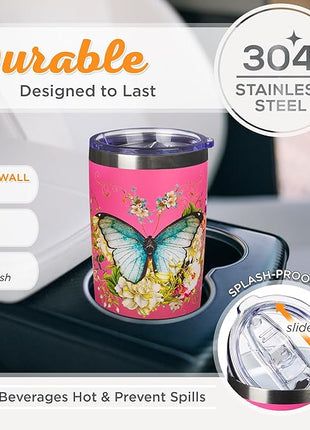 Christian Art Gifts Stainless Steel Double Wall Vacuum Insulated Travel Mug 18 oz Butterfly Pink BPA-free Tumbler with Retractable Lid Inspirational Scripture for Women - Be Still -Psalm 46:10