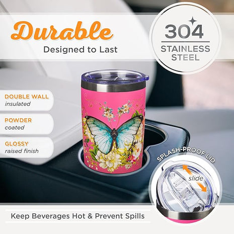 Christian Art Gifts Stainless Steel Double Wall Vacuum Insulated Travel Mug 18 oz Butterfly Pink BPA-free Tumbler with Retractable Lid Inspirational Scripture for Women - Be Still -Psalm 46:10