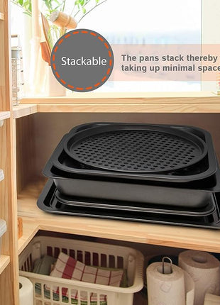 Perlli Baking Pan 10 Piece Set Nonstick Carbon Steel Gray Oven Bakeware Kitchen Set, 2 Cookie Sheets, 2 Round Cake Pans, Square Pan, Roasting Pan, Loaf Pan, Crisp Pan, Pizza Crisper, & Muffin Pan