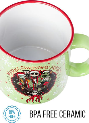 Silver Buffalo Disney Nightmare Before Christmas Making Christmas Fright Featuring Jack Skellington, Sally, Oogie Boogie, Shock, Barrel, and Scary Teddy Ceramic Camper Mug, 20 Ounces