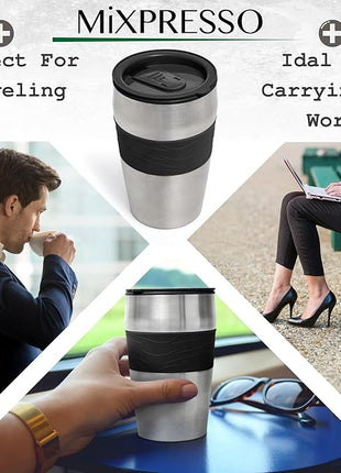 Mixpresso Black Personal Single Serve Coffee Maker with 14oz Travel Mug, Drip Small Coffee Maker with Auto Shut Off, Reusable Filter, Works with Ground Coffee Only – Not for K-Cup Pods
