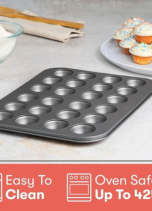 Cooking Light Mini Muffin Pan Carbon Steel Quick Release Coating, Non-Stick Bakeware, Heavy Duty Performance, 24-Cup, Gray