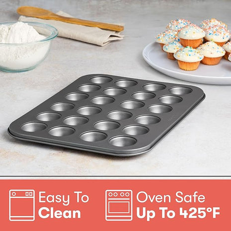 Cooking Light Mini Muffin Pan Carbon Steel Quick Release Coating, Non-Stick Bakeware, Heavy Duty Performance, 24-Cup, Gray