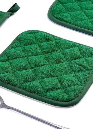100% Cotton Kitchen Everyday Basic Terry Pot Holder Heat Resistant Coaster Potholder for Cooking and Baking Set of 5 Dark Green