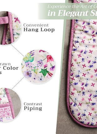 Maison d' Hermine Double Oven Mitts 100% Cotton 7"x35" Double Oven Mitt Heat Resistant BBQ Cooking Gloves with Loop, Baking, Grilling, Home, Kitchen, Handling Hot Pans Spring Summer (Chardon)