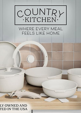 Country Kitchen Cookware Set with Removable Handle, Oven & RV Safe Pots and Pans Set, Cream, Original
