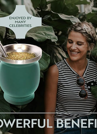 Norte Yerba Mate Cup Kit, 8-Ounces Traditional Mate Tea Cup/Gourd Set | Includes 2 Bombillas (Yerba Mate Straw) & Cleaning Brush, Stainless Steel Cup, Double-Walled, Easy to Clean | Green