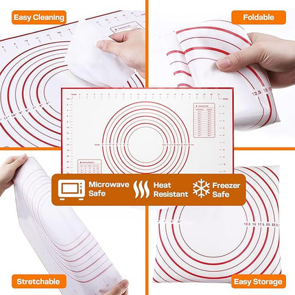 17 Inch Adjustable Stainless Steel Rolling Pin with 4 Thickness Rings & Non-Stick Pastry Mat – Professional Dough Roller for Pizza, Cookies, Pasta & Pies - Red