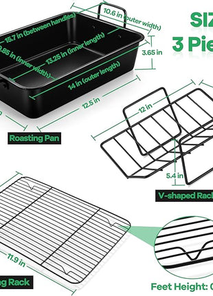 P&P CHEF 14" Roaster Roasting Pan with Baking Rack and V-shaped Rack, Stainless Steel Rectangular Lasagna Pan with Handles for Turkey Chicken, Healthy & Dishwasher Safe, 3 Pieces, Black