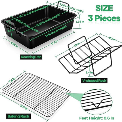 P&P CHEF 14" Roaster Roasting Pan with Baking Rack and V-shaped Rack, Stainless Steel Rectangular Lasagna Pan with Handles for Turkey Chicken, Healthy & Dishwasher Safe, 3 Pieces, Black