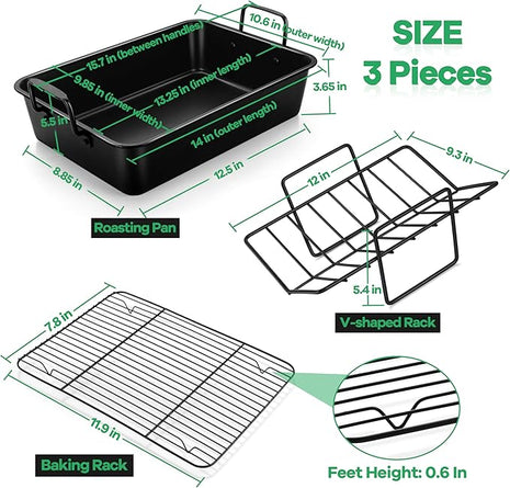 P&P CHEF 14" Roaster Roasting Pan with Baking Rack and V-shaped Rack, Stainless Steel Rectangular Lasagna Pan with Handles for Turkey Chicken, Healthy & Dishwasher Safe, 3 Pieces, Black