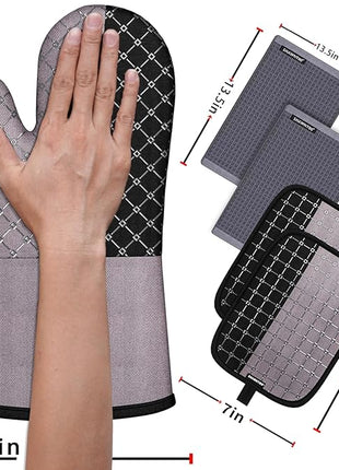 Oven Mitts and Pot Holders Sets 6pcs, Kitchen Oven Glove,High Heat Resistant 550 Degree Extra Long Oven Mitts and Potholders with Non-Slip Silicone Surface for Home Essentials (Grey) (Charcoal Grey)