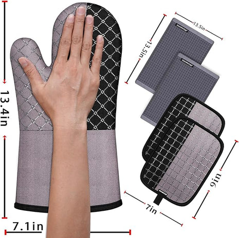Oven Mitts and Pot Holders Sets 6pcs, Kitchen Oven Glove,High Heat Resistant 550 Degree Extra Long Oven Mitts and Potholders with Non-Slip Silicone Surface for Home Essentials (Grey) (Charcoal Grey)