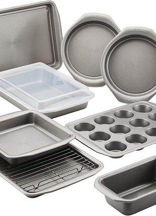 Circulon Nonstick Heavy Gauge Steel Bakeware Set with Rolled Pan Edges Loaf Pan, Cookie Pan, Baking Pans, Cake Pans, Muffin Pan and Cooling Rack (10-Piece, Gray)