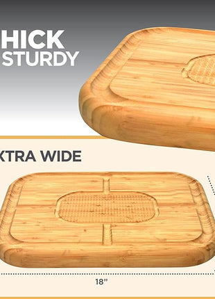 Turkey Platter for Thanksgiving - 18x12 Reversible Bamboo Carving Cutting Board for BBQ or Grilling - Heavy Duty Butcher Block with Deep Juice Groove, Spikes, Grid Grip - Large Kitchen Christmas Gift