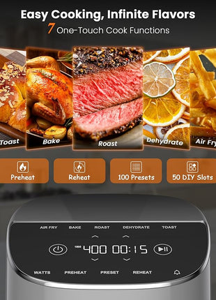 Nuwave Brio Plus Air Fryer 8 Qt, New & Improved, PFAS-FREE, 7 Digital One-Touch Cook Functions that AIR FRY, BAKE, ROAST, DEHYDRATE, TOAST, REHEAT, PREHEAT, 150 Presets, 50°F~400°F (Cool Gray)