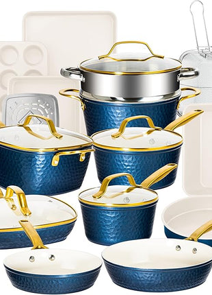 Gotham Steel Hammered 20Pcs Ceramic Cookware Set, Induction Pots and Pans Set Non Stick with Deep Fry Pan, Steamer, & Bakeware, Non Toxic PFOA PFOS Free, Oven & Dishwasher Safe