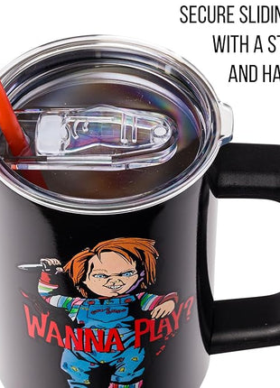 Silver Buffalo Chucky Holding Knife Wanna Play Spooky Scary Stainless Steel Tumbler with Handle and Straw, Fits in Standard Cup Holder, 40 Ounces