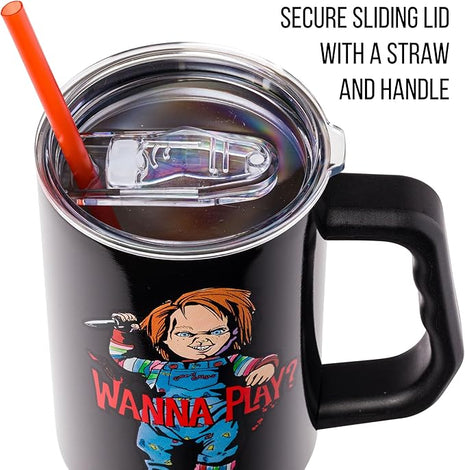Silver Buffalo Chucky Holding Knife Wanna Play Spooky Scary Stainless Steel Tumbler with Handle and Straw, Fits in Standard Cup Holder, 40 Ounces