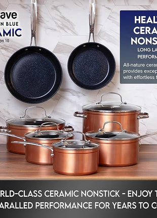 Nuwave Healthy Duralon Blue Ceramic Nonstick Cookware Set, Diamond Infused Scratch-Resistant, PFAS Free, Dishwasher & Oven Safe, Induction Ready & Evenly Heats,Tempered Glass Lids & Stay-Cool Handles