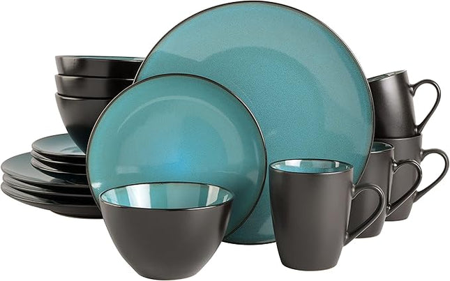 Gibson Elite Soho Lounge 16-Piece Round Reactive Glaze Stoneware Dinnerware Set, Service for 4 – Teal Plates and Bowls