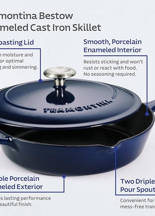 Tramontina Bestow Enameled Cast Iron Skillet with Lid, 10-inch Frying Pan, Blue