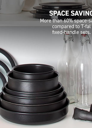 T-fal Ingenio Detachable Handle Cookware Set, Stackable Set. Induction Oven Broiler Safe 500F Cookware, Pots and Pans, Oven, Broil, Dishwasher Safe, 3 Piece set, Onyx Black