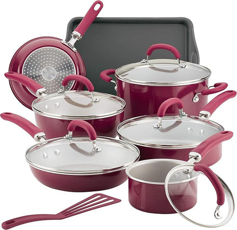 Rachael Ray Create Delicious Nonstick Cookware Pots and Pans Set, 13 Piece, Burgundy Shimmer