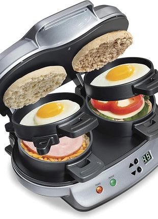 Hamilton Beach Dual Breakfast Sandwich Maker with Timer, Ready in 5 Minutes, Removable Dishwasher Safe PFAS-Free Non-Stick Egg Cooker Ring, Silver (25490MNA)