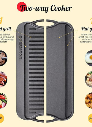 Overmont Pre-seasoned 17x9.8" Cast Iron Reversible Griddle Grill Pan with handles for Gas Stovetop Open Fire Oven, One tray, Scrapers Included