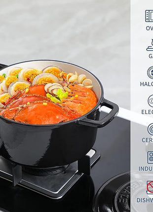 Velaze 6 QT Enameled Cast Iron Dutch Oven, Dual Handles Dutch Oven Pot with Lid,Heavy-Duty Non-stick Round Dutch Oven for Bread Baking, Stewing, Roasting, Good Sealing for All Heat Source (BLACK)