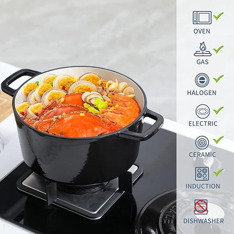 Velaze 6 QT Enameled Cast Iron Dutch Oven, Dual Handles Dutch Oven Pot with Lid,Heavy-Duty Non-stick Round Dutch Oven for Bread Baking, Stewing, Roasting, Good Sealing for All Heat Source (BLACK)