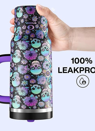 ENCOOL 40oz Halloween Tumbler with Handle and Straw, Stainless Steel Insulated Water Bottle with Straw, Leak-Proof, Cup Holder Friendly, Keeps Cold 24 H, Gifts for Women Men, Floral Afterlife