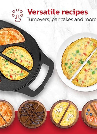 Holstein Housewares Stainless Steel 4 Section Omelet Maker, Non Stick Coating, Mess Free Cooking, Easy Cleaning, Indicator Lights, Upright Storage & Anti Slip Feet For Quick Meals. 4 Portions, Black