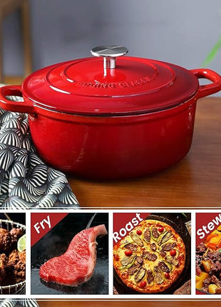 Enameled Cast Iron Dutch Oven, 5.5 Quart, Round Dutch Ovens Pot with Dual Handle for Bread Baking, Dutch Ovens with Lid, Bread Oven, Red