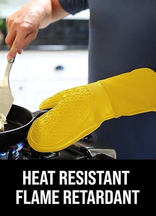 BPA-Free Soft Silicone Oven Mitts - Ultra Heat Resistant Oven Mitts with Thick Cotton Liner - Long Slip Resistant Pot Holders, Flexible Oven Gloves - Yellow 13.7"