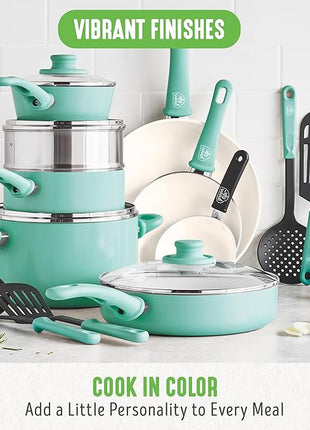 GreenLife Soft Grip Healthy Ceramic Nonstick 18 Piece Kitchen Cookware Pots and Frying Sauce Saute Pans Set, PFAS-Free with Kitchen Utensils and Lid, Dishwasher Safe, Turquoise