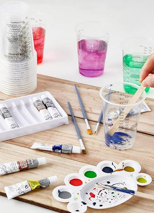 200 PACK Plastic Measuring Cups, 8 oz Disposable Mixing Cups with 100 Wooden Mixing Sticks, Can Be Used for Epoxy Resin, Liquid Measuring, Paint, Cooking and Baking