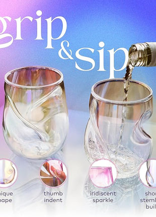 Dragon Glassware Stemless Wine Glasses - 16 oz Stemless Wine Glass Set with Finger Indentations - Set of 2 Iridescent Glassware - Aerates Naturally