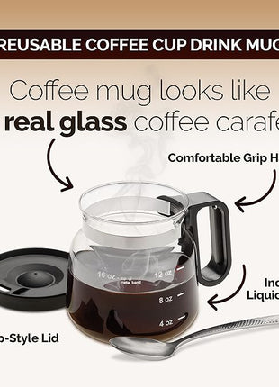 16 oz Coffee Pot Shaped Mug, Funny Drink Cup for Coffee Lovers. Cute Novelty Flat Bottom Carafe With Handle. Gifts For Co-workers, Friends, Birthdays - Unique Beverage Mugs for Men and Women