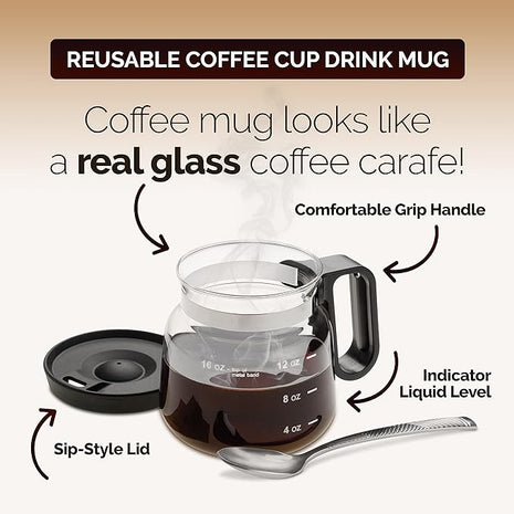 16 oz Coffee Pot Shaped Mug, Funny Drink Cup for Coffee Lovers. Cute Novelty Flat Bottom Carafe With Handle. Gifts For Co-workers, Friends, Birthdays - Unique Beverage Mugs for Men and Women