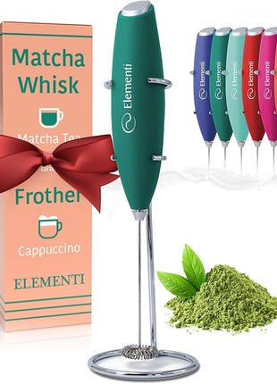 Elementi Matcha Whisk & Frother Set - Powerful Electric Matcha Mixer for Powder, Easy to Use Electric Whisk Kit - Craft Effortless Lattes with the Elementi Milk Frother Wand & Wisk (Emerald Green)