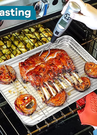 P&P CHEF Baking Cooling Rack Set for Cooking Roasting, 4-Piece Stainless Steel Wire Racks for Oven Use, Healthy & Dishwasher Safe, Rectangle, 16.6 Inch