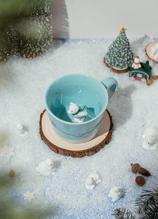 DIHOclub Skiing Polar Bear Ceramic Cup Hidden Animal Inside Mug Cute Cartoon Handmade Figurine Mugs,Holiday and Birthday Gift for Coffee Milk Tea Lovers,12 OZ(Blue White)