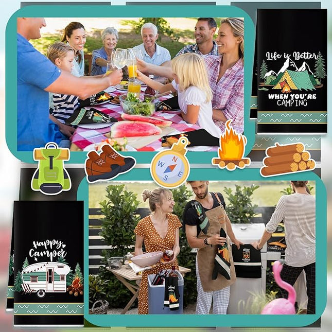 Boyiee 6 Pcs Camping Kitchen Towels Black Absorbent Dish Towels Bonfire Tent Car Tea Towels 24 x 16 Inches with Funny Sayings Novelty Gifts for Campers Happy Camper Camping Accessories for RV Campers