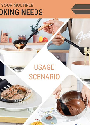 Silicone Cooking Utensils Set, Heat Resistance Large Kitchen Utensils Set with Long Wooden Handle, BPA-free Silicone Spatula, 6 Pcs Cooking Spoons for Non Stick Frying Pans and Pots（Black）